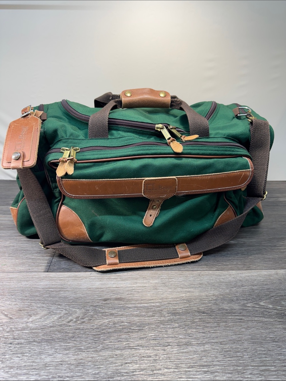LL bean Green Canvas & Brown Leather Travel Duffel Bag